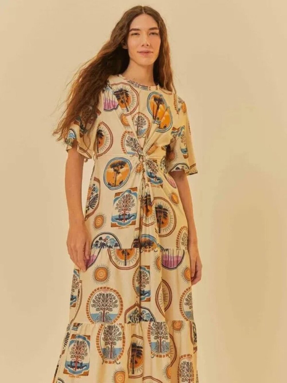 FARM Rio Cream Maxi Dress with Blue and Orange Scenic Print